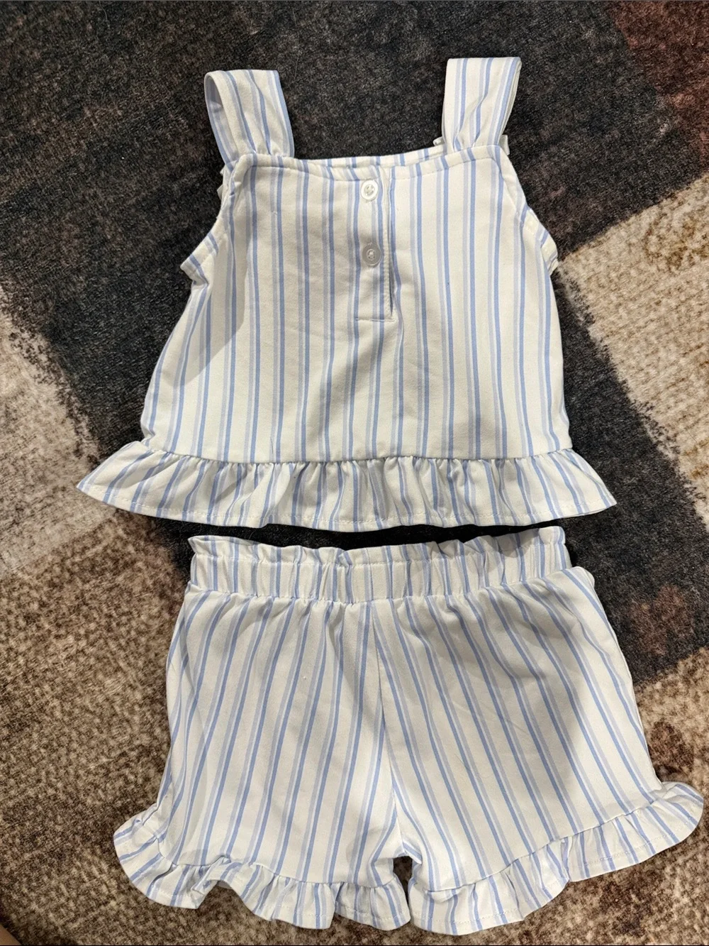 Little Lass White and Light Blue Striped Ruffle Shorts Set